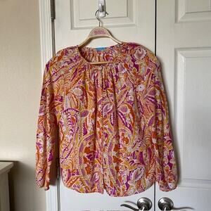 J. McLaughlin Button Up Smocked Trim Paisley Top‎ Elastic Cuffs Women's Small
